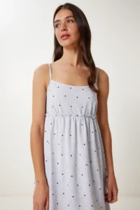 Happiness İstanbul Women's Gray Melange Strap Soft Textured Cotton Knitted Nightgown Dress - Image 2