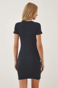 Happiness İstanbul Women Black U-Neck Mini Knitting Dress - Image 3