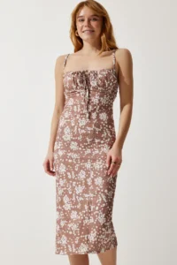 Happiness İstanbul Women's Mink Floral Slit Summer Knitted Dress