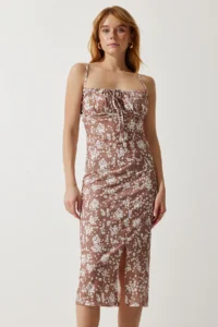 Happiness İstanbul Women's Mink Floral Slit Summer Knitted Dress - Image 2