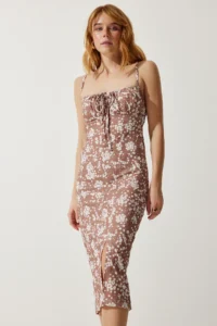 Happiness İstanbul Women's Mink Floral Slit Summer Knitted Dress - Image 3