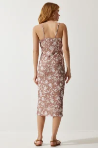 Happiness İstanbul Women's Mink Floral Slit Summer Knitted Dress - Image 5