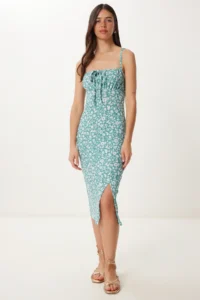 Happiness İstanbul Women's Water Green Floral Slit Summer Knitted Dress