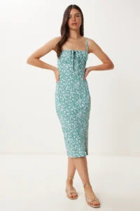 Happiness İstanbul Women's Water Green Floral Slit Summer Knitted Dress - Image 2