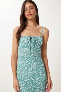 Happiness İstanbul Women's Water Green Floral Slit Summer Knitted Dress - Image 4