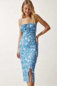 Happiness İstanbul Women's Light Blue White Floral Slit Summer Knitted Dress