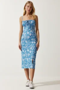 Happiness İstanbul Women's Light Blue White Floral Slit Summer Knitted Dress - Image 2