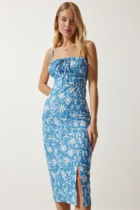 Happiness İstanbul Women's Light Blue White Floral Slit Summer Knitted Dress - Image 3