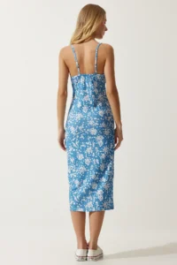 Happiness İstanbul Women's Light Blue White Floral Slit Summer Knitted Dress - Image 6