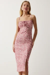 Happiness İstanbul Women's Vibrant Dusty Rose Floral Slit Summer Knitted Dress