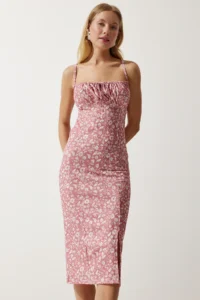 Happiness İstanbul Women's Vibrant Dusty Rose Floral Slit Summer Knitted Dress - Image 2