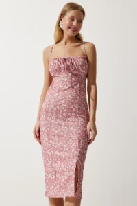 Happiness İstanbul Women's Vibrant Dusty Rose Floral Slit Summer Knitted Dress - Image 3