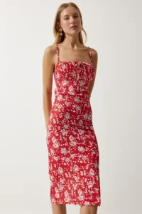 Happiness İstanbul Women's Vivid White Red Floral Slit Summer Knitted Dress - Image 2