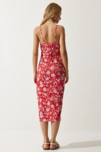 Happiness İstanbul Women's Vivid White Red Floral Slit Summer Knitted Dress - Image 4