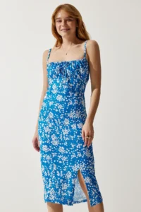 Happiness İstanbul Women's Dark Blue Floral Slit Summer Knitted Dress CI00029 - Image 2