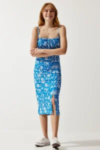 Happiness İstanbul Women's Dark Blue Floral Slit Summer Knitted Dress CI00029 - Image 3