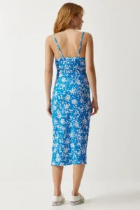 Happiness İstanbul Women's Dark Blue Floral Slit Summer Knitted Dress CI00029 - Image 5