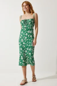 Happiness İstanbul Women's Dark Green Floral Slit Summer Knitted Dress CI00029 - Image 2