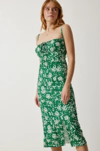 Happiness İstanbul Women's Dark Green Floral Slit Summer Knitted Dress CI00029 - Image 3