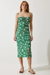 Happiness İstanbul Women's Dark Green Floral Slit Summer Knitted Dress CI00029 - Image 4