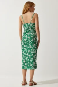 Happiness İstanbul Women's Dark Green Floral Slit Summer Knitted Dress CI00029 - Image 6