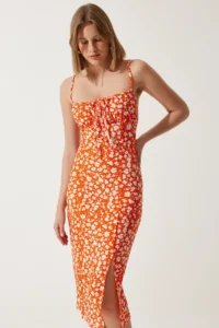 Happiness İstanbul Women's Orange Floral Slit Summer Knitted Dress CI00029 - Image 2