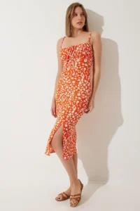 Happiness İstanbul Women's Orange Floral Slit Summer Knitted Dress CI00029 - Image 3