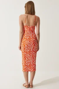 Happiness İstanbul Women's Orange Floral Slit Summer Knitted Dress CI00029 - Image 4