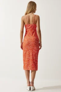 Happiness İstanbul Women's Vivid Orange Floral Slit Summer Knitted Dress CI00029 - Image 6