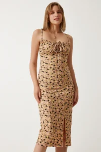 Happiness İstanbul Women's Biscuit Floral Slit Summer Knitted Dress CI00029 - Image 2