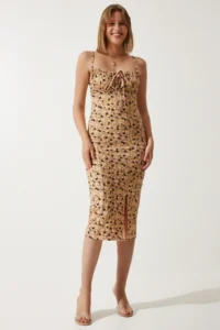Happiness İstanbul Women's Biscuit Floral Slit Summer Knitted Dress CI00029 - Image 3