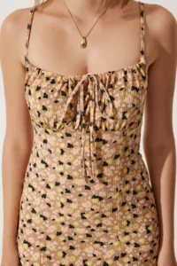 Happiness İstanbul Women's Biscuit Floral Slit Summer Knitted Dress CI00029 - Image 4