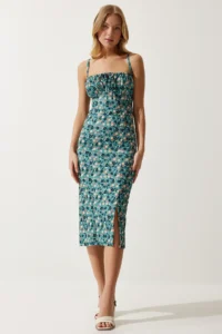 Happiness İstanbul Women's Petrol Green Floral Slit Summer Knitted Dress CI00029