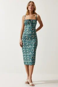 Happiness İstanbul Women's Petrol Green Floral Slit Summer Knitted Dress CI00029 - Image 2