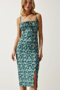 Happiness İstanbul Women's Petrol Green Floral Slit Summer Knitted Dress CI00029 - Image 3