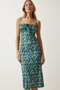 Happiness İstanbul Women's Petrol Green Floral Slit Summer Knitted Dress CI00029 - Image 4