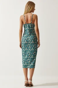 Happiness İstanbul Women's Petrol Green Floral Slit Summer Knitted Dress CI00029 - Image 6