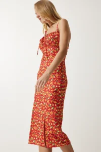 Happiness İstanbul Women's Dark Orange Floral Slit Summer Knitted Dress CI00029 - Image 2
