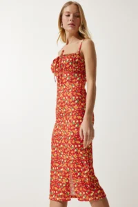 Happiness İstanbul Women's Dark Orange Floral Slit Summer Knitted Dress CI00029 - Image 3