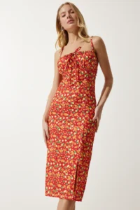 Happiness İstanbul Women's Dark Orange Floral Slit Summer Knitted Dress CI00029 - Image 4