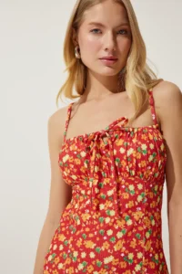 Happiness İstanbul Women's Dark Orange Floral Slit Summer Knitted Dress CI00029 - Image 5