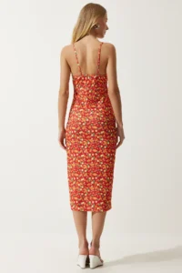 Happiness İstanbul Women's Dark Orange Floral Slit Summer Knitted Dress CI00029 - Image 7