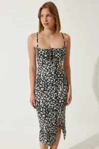 Happiness İstanbul BRAV Women's Black Floral Slit Summer Knitted Dress CI00029