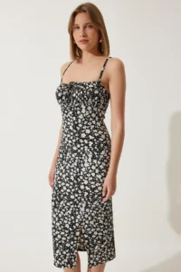 Happiness İstanbul BRAV Women's Black Floral Slit Summer Knitted Dress CI00029 - Image 2