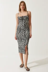 Happiness İstanbul BRAV Women's Black Floral Slit Summer Knitted Dress CI00029 - Image 3