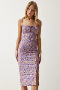 Happiness İstanbul Women's Lilac Orange Floral Slit Summer Knitted Dress CI00029