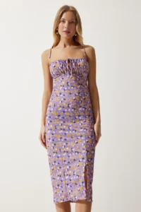 Happiness İstanbul Women's Lilac Orange Floral Slit Summer Knitted Dress CI00029 - Image 2