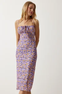 Happiness İstanbul Women's Lilac Orange Floral Slit Summer Knitted Dress CI00029 - Image 3