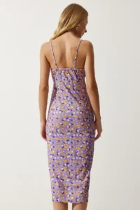 Happiness İstanbul Women's Lilac Orange Floral Slit Summer Knitted Dress CI00029 - Image 5