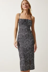 Happiness İstanbul Women's Black and White Floral Slit Summer Knitted Dress CI00029